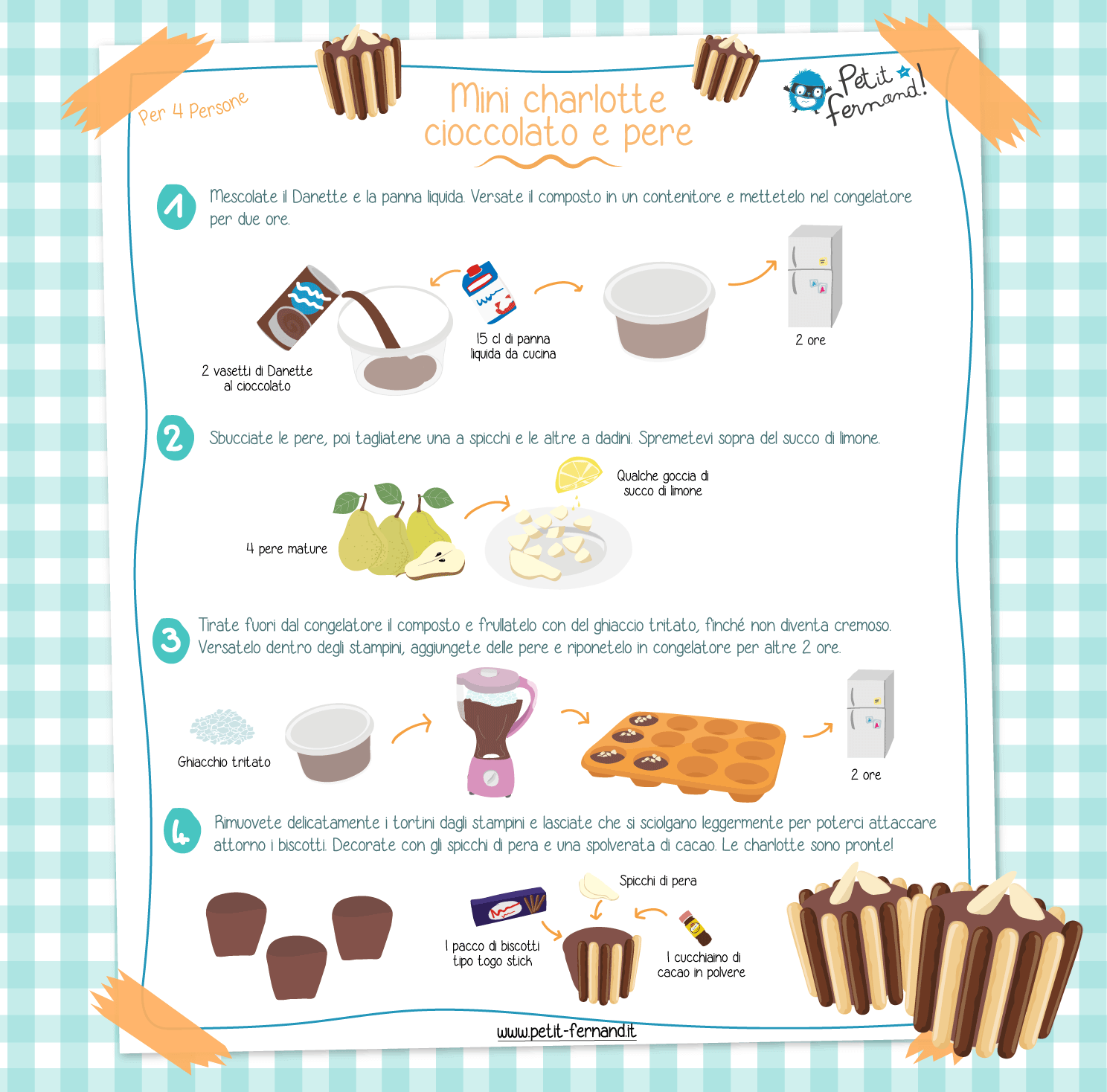 Scoprite questa ricetta per preparare delle super golose charlotte cioccolato e pere!