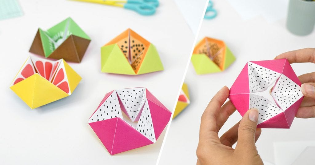 Scopri come realizzare questi flexagoni fruttati e aciduli, un inevitabile gioco di carta pieghevole per divertire tutti i piccoli golosi!
