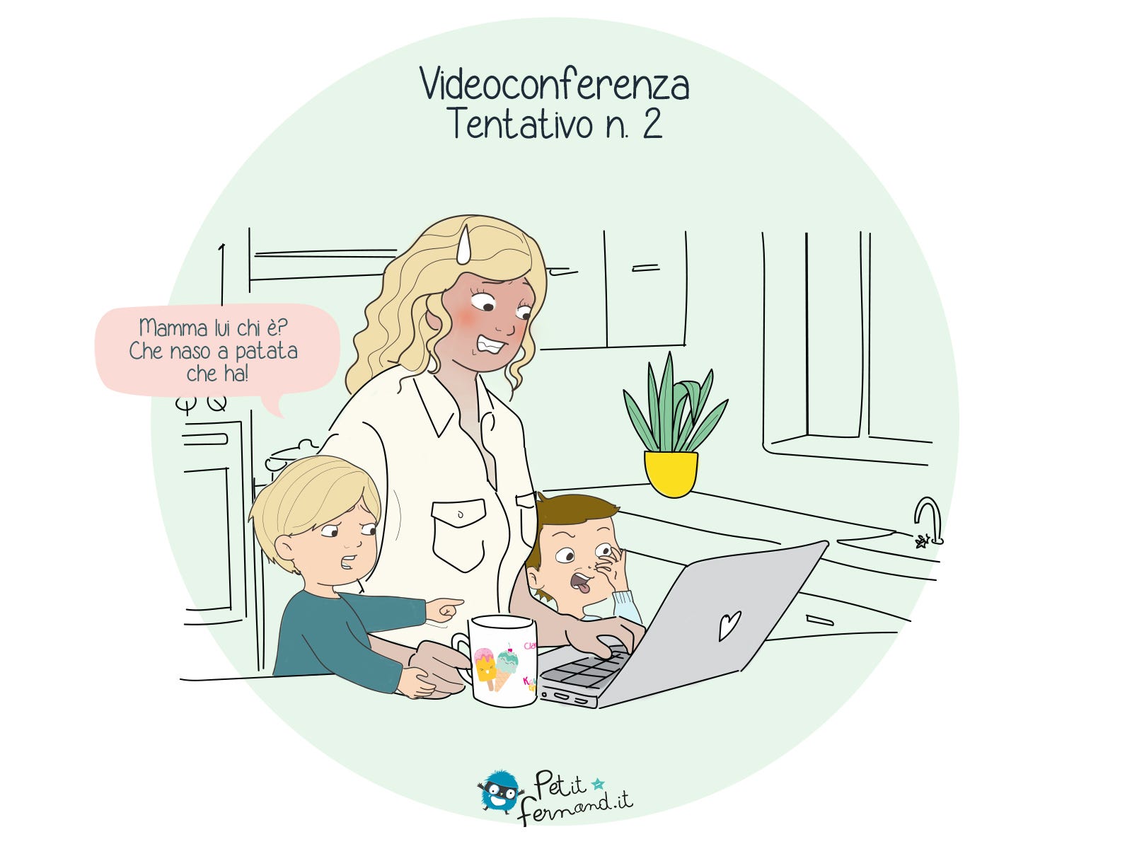 Dopo aver tentato la videoconferenza con i nostri bimbi insieme a noi nel salotto, andiamo verso la cucina per un secondo tentativo.